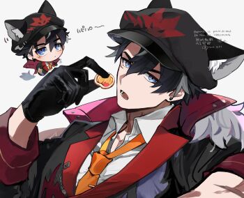 1boy animal_ear_fluff animal_ears black_hair black_hat blue_eyes earrings food fur_trim genshin_impact grey_hair hat highres holding holding_food jacket jewelry jitome lapels long_sleeves looking_to_the_side motion_lines multicolored_hair multiple_views open_mouth piercing scar scar_on_arm sideways_glance simple_background streaked_hair stud_earrings watermark white_background white_fur wriothesley_(genshin_impact) yuu_(areruya)