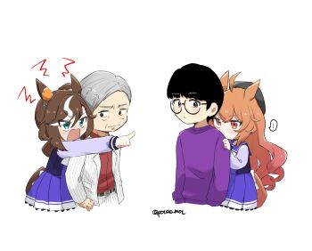 ... 2boys 2girls ahoge annoyed beret black_hair casual glasses green_eyes grey_hair hat hiding hiding_behind_another highres long_hair multiple_boys multiple_girls orange_eyes pointing poteo_(poteo_mot) royal_family_(the_royal_family) royal_hope_(the_royal_family) school_uniform simple_background the_royal_family tracen_school_uniform twitter_username umamusume white_background