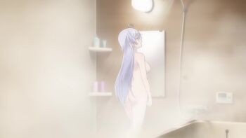 1girl ahoge animated anime_screenshot ass bathing bathroom blush breasts butt_crack female_focus grey_hair hand_up hiwamura_hiyori indoors long_hair navel nipples open_mouth purple_hair shower_head showering sideboob solo stomach thighs video wet wet_hair yowa_yowa_sensei