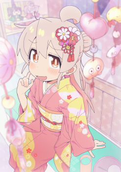 1girl :d absurdres ahoge arm_support blurry blurry_background blush brown_eyes character_doll commentary_request doll finger_to_cheek floral_print flower genderswap genderswap_(mtf) grey_hair hair_bun hair_flower hair_ornament hand_up highres hina_ningyou hinamatsuri japanese_clothes kimono long_hair long_sleeves looking_at_viewer matado_(almukha) obi onii-chan_wa_oshimai! open_mouth orange_sash oyama_mahiro oyama_mihari pink_kimono print_kimono print_sash sash sitting smile solo wide_sleeves yellow_sash