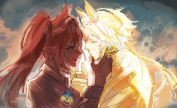 2girls animal_ears breasts brown_hair closed_eyes closed_mouth collared_shirt daiwa_scarlet_(umamusume) earrings ghost hair_between_eyes hair_intakes hair_over_one_eye holding holding_jewelry holding_necklace horse_ears horse_girl jewelry long_hair long_sleeves looking_at_another multiple_girls necklace red_eyes revision shirt smile twintails umamusume upper_body very_long_hair vodka_(umamusume) yol_yoola yuri