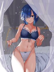 Rule 34 | 1girl, bed, bedroom, black bra, blue eyes, blue hair, bow, bow bra, bow panties, bra, breasts, commentary, cowboy shot, crotch seam, curtains, dousoshin, frilled bra, frills, grey panties, hair ornament, hair over one eye, indoors, lace, lace-trimmed bra, lace trim, looking at viewer, medium breasts, mismatched underwear, navel, panties, parted lips, re:zero kara hajimeru isekai seikatsu, rem (re:zero), short hair, side-tie panties, solo, standing, string panties, thigh gap, underwear, underwear only, untied panties, untying, x hair ornament