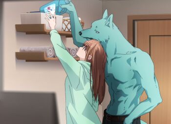 1boy 1girl animal_ears anime_screenshot asaka_mari blue_fur dog_boy dog_ears furry furry_male hidaka_tsunagu indoors kimi_to_koete_koi_ni_naru muscular muscular_male reaching stitched third-party_edit topless_male