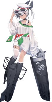 1girl bad_link ballet_boots black_one-piece_swimsuit dace_(kancolle) dixie_cup_hat eyewear_on_head full_body garter_straps grey_eyes grey_hair hat headgear kantai_collection leonardo_da_vinci_(kancolle) looking_at_viewer machinery military_hat multicolored_sash official_art one-piece_swimsuit sash shirt shizuma_yoshinori side_ponytail single_garter_strap single_thighhigh sleeves_past_fingers sleeves_past_wrists solo sunglasses swimsuit swimsuit_under_clothes thighhighs transparent_background white_hat white_shirt