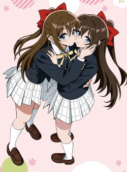2girls absurdres black_jacket blazer bow brown_hair collared_shirt commentary hair_between_eyes hair_bow highres jacket kiss loafers long_hair long_sleeves love_live! love_live!_nijigasaki_high_school_idol_club multiple_girls multiple_persona nijigasaki_school_uniform osaka_shizuku pink_background pleated_skirt red_bow school_uniform selfcest shirt shoes sidelocks skirt socks white_shirt white_socks yuri zaofeng