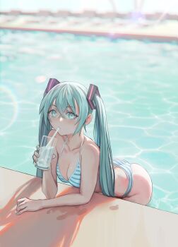 1girl ass bare_shoulders bent_over bikini blue_bikini blue_eyes blue_hair blue_nails blurry blurry_background breasts cleavage collarbone commentary cowboy_shot cup curled_fingers day double-parted_bangs drink drinking drinking_glass drinking_straw drinking_straw_in_mouth elbow_rest english_commentary eyebrows_hidden_by_hair hair_between_eyes hand_up hatsune_miku highres holding holding_cup leaning_forward lens_flare light_blush long_eyelashes long_hair looking_at_viewer medium_breasts multicolored_bikini partially_submerged pool poolside shadow sidelocks solo striped_bikini striped_clothes sunlight swimsuit thick_eyelashes thighs twintails two-tone_bikini vertigris very_long_hair vocaloid wading water wet wet_floor white_bikini