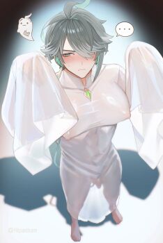 ... 1boy alhaitham_(genshin_impact) alpaitham aqua_eyes aqua_hair blush breasts closed_mouth covered_erect_nipples dress genshin_impact ghost_costume grey_hair hair_between_eyes hair_over_one_eye highres large_breasts long_sleeves male_focus multicolored_hair multiple_boys short_hair solo streaked_hair white_dress white_hair