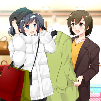 2girls adapted_costume bag black_hair black_hat blue_eyes brown_eyes brown_hair coat commentary_request hat highres hiryuu_(kancolle) jacket jewelry kantai_collection multiple_girls necklace shirt shopping_bag short_hair souryuu_(kancolle) souryuu_(mitsukoshi)_(kancolle) teramoto_kaoru twintails white_jacket winter_clothes winter_coat yellow_shirt