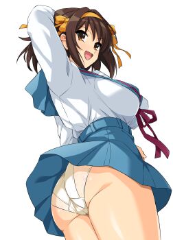 1girl :d absurdres alternate_breast_size_(larger) ass blue_sailor_collar blue_skirt breasts brown_eyes brown_hair commentary_request from_behind from_below hair_ribbon hairband haruhisky highres kita_high_school_uniform large_breasts medium_hair open_mouth panties red_ribbon ribbon sailor_collar school_uniform serafuku skirt smile solo suzumiya_haruhi suzumiya_haruhi_no_yuuutsu thighs tongue underwear white_panties winter_uniform yellow_hairband yellow_ribbon