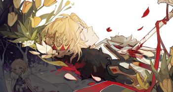 1boy absurdres age_comparison aged_down aqua_eyes bare_tree blonde_hair blood blood_on_clothes bloody_weapon chinese_commentary cloak closed_mouth coat collared_coat collared_shirt crown curtained_hair death egg faberge_egg falling_petals flower from_side fur-trimmed_cloak fur-trimmed_coat fur_trim highres holding holding_egg lars_rorschach lars_rorschach_(godheim) long_sleeves lovebrush_chronicles lying male_focus multiple_views on_back parted_bangs partially_unbuttoned petals pointed_crown profile red_petals red_ribbon ribbon shirt short_hair smile snow solo stab sword tree tulip unworn_crown upper_body weapon white_background white_cloak white_coat white_flower white_shirt yellow_flower yellow_tulip zelotupia