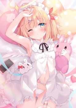 1girl ;o angel arm_up armpit_focus armpits bare_arms blonde_hair blush cellphone dress feathered_wings frills hair_ornament hairclip highres looking_at_viewer lying navel on_back one_eye_closed original panties parted_lips phone pillow sleeveless sleeveless_dress solo stuffed_animal stuffed_rabbit stuffed_toy two_side_up umeko_machi underwear white_dress white_panties white_wings wings x_hair_ornament