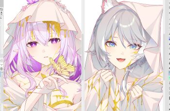 2girls animal_ears blue_eyes bright_pupils castorice_(honkai:_star_rail) cat_ears cat_girl cipher_(honkai:_star_rail) grey_hair hashtag-only_commentary highres honkai:_star_rail honkai_(series) hood kkopoli multiple_girls open_mouth purple_eyes purple_hair upper_body white_hood white_pupils