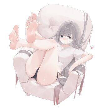 1girl absurdres armchair bare_legs barefoot between_toes black_panties breasts cameltoe chair colored_tips crossed_legs easy_chair expressionless feet fingers_between_toes foot_focus from_above full_body grey_eyes grey_hair highres holding_own_foot legs legs_up long_hair looking_at_viewer medium_breasts multicolored_hair mz_mz no_pants on_chair original panties presenting_foot shirt simple_background soles solo straight_hair t-shirt thighs underwear v-neck very_long_hair white_background white_shirt