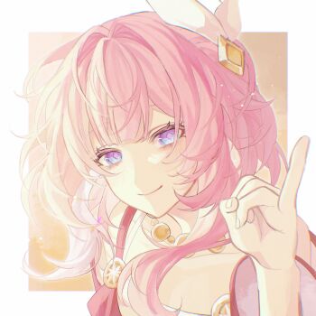 1girl bare_shoulders blue_eyes border coat cyrene_(aedes_elysiae)_(honkai:_star_rail) cyrene_(honkai:_star_rail) dress fz7047 hair_ornament highres honkai:_star_rail honkai_(series) jewelry looking_at_viewer necklace pink_hair purple_coat short_hair smile solo upper_body white_border white_dress