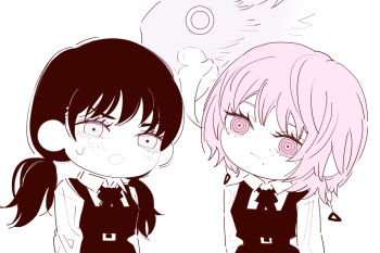 2girls chainsaw_man chibi chibi_only closed_mouth deer60868637 dress earrings fami_(chainsaw_man) fourth_east_high_school_uniform guillotine_devil_(chainsaw_man) jewelry limited_palette long_hair long_sleeves low_twintails mitaka_asa mole mole_under_eye multiple_girls multiple_moles open_mouth pinafore_dress pink_eyes pink_hair school_uniform sleeveless sleeveless_dress twintails