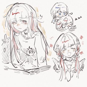 Rule 34 | 2girls, :d, ;d, = =, alternate hair length, alternate hairstyle, blue hair, blush, borrowed clothes, borrowed hairstyle, choker, closed mouth, collarbone, colored inner hair, commentary, diagonal bangs, dress, flower symbol, hair ornament, hair ribbon, hasu no sora school uniform, highres, link! like! love live!, long hair, long sleeves, looking at another, looking at viewer, love live!, low twintails, moben, multicolored hair, multiple girls, multiple views, murano sayaka, murano sayaka (summer loungewear), neckerchief, nose blush, o-ring, o-ring choker, one eye closed, open mouth, partially colored, puff of air, red eyes, red hair, ribbon, sailor collar, sailor dress, school uniform, simple background, smile, squeans, star (symbol), star hair ornament, streaked hair, sweater, twintails, virtual youtuber, white background, white hair, winter uniform, yugiri tsuzuri, zzz