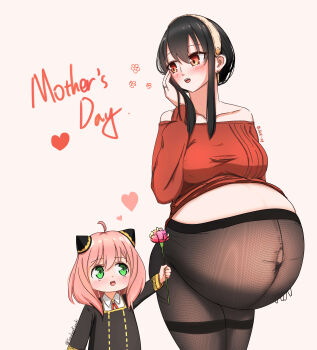 Rule 34 | absurdres, ahoge, anya (spy x family), artist name, big belly, black hair, blush, breasts, clothes lift, cone hair bun, cowboy shot, dress, flower, green eyes, hair bun, hair over shoulder, hairband, heart, highres, holding, holding flower, large breasts, looking at viewer, maternity pantyhose, medium hair, midriff, mother's day, mother and daughter, outie navel, pantyhose, pink hair, pregnant, red eyes, red sweater, school uniform, spy x family, sweater, sweater dress, sweater lift, upper body, yor briar, yuzuhara kazuki
