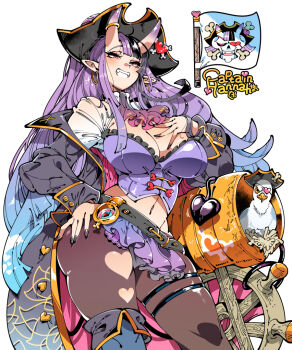 1girl animal belt bird blue_hair breasts buttons captain_hannah character_name clothing_cutout coat compass earrings english_text eyepatch fangs feet_out_of_frame flag gold gradient_clothes gradient_hair hand_on_own_chest hand_on_own_hip hat heart_button heart_cutout horns huge_breasts jewelry kafun large_breasts long_hair multicolored_hair nails navel oni pantyhose pirate pirate_hat pointy_ears purple_hair rudder seagull skirt smile teeth very_long_hair virtual_youtuber white_background