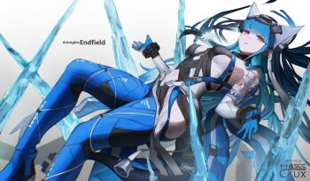 Rule 34 | 1girl, arknights, arknights: endfield, artist name, blue bodysuit, blue gloves, blue hair, bodysuit, breasts, chinikuniku, commentary, copyright name, dated, feet out of frame, gloves, headgear, highres, last rite (arknights), looking up, lying, medium breasts, on back, purple eyes, smile, solo