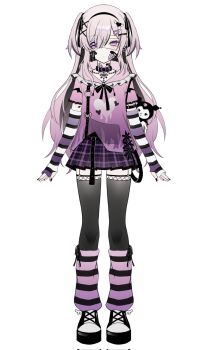 1girl aegyo_sal arm_tattoo arm_warmers arms_at_sides bandaid bandaid_on_cheek bandaid_on_face bandaid_on_neck belt black_arm_warmers black_belt black_bow black_bowtie black_collar black_hair black_hairband black_nails black_ribbon black_shoes black_thighhighs black_trim black_wings bow bowtie closed_mouth collar collarbone colored_inner_hair commentary cross-laced_clothes cross-laced_hoodie cross-laced_top demon_wings dot_nose expressionless eyepatch fishnet_thighhighs fishnets frilled_hood frills full_body garter_straps gauze gauze_on_cheek gauze_on_neck hair_ornament hair_over_one_eye hair_ribbon hairband hairclip heart heart_eyepatch heart_hair_ornament heart_print heart_tattoo highres hood hoodie kneehighs kuromi long_hair loose_socks low_wings mini_wings miniskirt mole mole_under_eye multicolored_hair my_melody_(series) nail_polish one_eye_covered onegai_my_melody original pale_skin pink_hair pink_hoodie plaid_clothes plaid_skirt platform_shoes pleated_skirt purple_arm_warmers purple_eyes purple_skirt raised_eyebrows ribbon ribbon-trimmed_socks ribbon_trim sanrio shoelaces shoes short_sleeves sidelocks simple_background skirt socks solo standing straight-on streaked_hair striped_arm_warmers studded_belt studded_collar tattoo thighhighs touyu_1210 tsurime two-tone_hair two_side_up very_long_hair white_arm_warmers white_background white_wings wings x_hair_ornament zettai_ryouiki