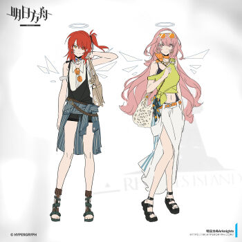 2girls arknights bag black_shorts clothes_around_waist copyright_name exusiai_(arknights) full_body green_shirt halo highres jacket jacket_around_waist lemuen_(arknights) long_hair medium_hair midriff multiple_girls navel one_eye_closed orange_hair pink_eyes pink_hair red_hair sandals shirt shorts shoulder_bag siblings single_off_shoulder sisters skirt sleeveless sleeveless_shirt white_shirt white_skirt z3zz4