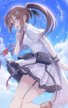 1girl :d ahoge armband ban_(one_ban7241) belt_pouch blue_sky bracelet breasts brown_eyes brown_hair collared_shirt earrings frilled_skirt frills from_behind hair_ornament hairclip hand_up hashtag-only_commentary highres index_finger_raised jewelry light_particles medium_breasts minakami_yuki necktie open_mouth ponytail pouch red_necktie school_uniform shirt skirt sky smile solo stud_earrings subarashiki_hibi thighs white_shirt white_skirt