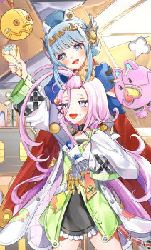 2girls absurdres aino_(genshin_impact) android aqua_eyes aqua_hair blue_cape blush cape coco.a. dessert food genshin_impact hair_between_eyes hair_bun hair_ornament highres holding holding_food hug hug_from_behind ineffa_(genshin_impact) jacket long_hair long_hair_between_eyes long_sleeves multiple_girls non-humanoid_robot open_mouth pink_hair purple_eyes robot robot_girl smile very_long_hair white_jacket