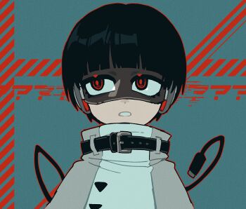 1boy belt black_belt black_hair blue_background bob_cut buttons carbuncly commentary english_commentary expressionless headphones jacket looking_to_the_side male_focus original outline red_eyes red_outline robot_boy short_hair solo teeth turtleneck turtleneck_jacket upper_body usb_tail very_short_hair white_jacket