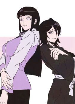 2girls black_hair bleach breasts closed_mouth crossed_arms crossover highres hyuuga_hinata jacket japanese_clothes kuchiki_rukia long_hair looking_at_viewer medium_hair multiple_girls n_(nauki_11) naruto_(series) naruto_shippuuden shihakusho simple_background small_breasts standing white_background