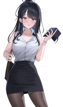 1girl alternate_costume black_hair black_pantyhose black_skirt cellphone collarbone commentary_request cowboy_shot highres holding holding_phone idolmaster idolmaster_shiny_colors jewelry kazano_hiori looking_at_viewer miniskirt mole mole_under_mouth necklace office_lady open_collar pantyhose pencil_skirt phone shirt shirt_tucked_in shougun_(chuckni1) simple_background skirt sleeveless sleeveless_shirt smartphone solo white_background white_shirt