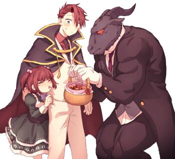 1girl 2boys basket black_cape black_dress black_fur black_necktie black_pants black_suit blue_eyes brother_and_sister cape child closed_mouth collared_shirt dress formal_clothes furry furry_male gloves goatman_(umineko) highres holding holding_basket horns hswoimuxk0pwr0h_(bbdan) multiple_boys muscular muscular_male necktie pants red_eyes red_hair red_necktie red_shirt shirt siblings simple_background standing suit tearing_up tongue tongue_out twilight_of_the_golden_witch two_side_up umineko_no_naku_koro_ni ushiromiya_ange ushiromiya_battler white_background white_gloves white_pants white_shirt white_suit