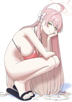 1girl absurdres ahoge bikini black_sandals blue_archive blush bottomless bow braid breasts closed_mouth collarbone green_eyes haiki_(haikiman) hair_bow halo hanako_(blue_archive) hanako_(swimsuit)_(blue_archive) hand_on_own_cheek hand_on_own_face highres huge_breasts long_hair looking_at_viewer navel pink_bikini pink_hair pink_halo sandals simple_background smile solo squatting stomach swimsuit thighs tiptoes white_background white_bow