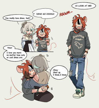 Rule 34 | 2girls, animal ear fluff, animal ears, aqua streaks, arms around waist, black choker, black gloves, black streaks, blonde hair, blue eyes, blue pants, bracelet, cecilia immergreen, choker, commentary, denim, dress, ear piercing, english commentary, fongban illust, gloves, grey shirt, hakos baelz, hand on another's face, highres, hololive, hololive english, hug, jeans, jewelry, mouse ears, multiple girls, open mouth, own hands together, pants, piercing, red eyes, red hair, ring, sharp teeth, shirt, short hair, simple background, smile, teeth, virtual youtuber, white dress, white streaks, yellow background, yuri