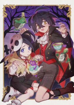 2boys allister_(pokemon) alternate_costume ascot bare_tree black_hair black_shorts black_socks boots brown_boots brown_shorts cape commentary_request crossed_bangs gen_8_pokemon hair_between_eyes halloween halloween_costume highres kieran_(pokemon) long_sleeves looking_at_viewer male_focus mask mask_on_head meno_oku mole mole_on_neck mole_under_mouth multiple_boys nintendo open_mouth pokemon pokemon_(creature) pokemon_sv pokemon_swsh poltchageist polteageist purple_eyes purple_hair red_vest shirt shorts sinistcha sinistea socks suspenders sweat tree vest white_boots white_mask white_shirt