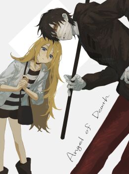 Rule 34 | 1boy, 1girl, bag, bandaged hand, bandaged head, bandaged neck, bandages, black bag, black boots, black choker, black hair, black hoodie, black shirt, blonde hair, blue eyes, boots, choker, copyright name, hair between eyes, highres, hood, hood down, hoodie, isaac foster, jacket, long bangs, long hair, long sleeves, no aid, open clothes, open jacket, own hands together, pants, rachel gardner, red pants, satsuriku no tenshi, shirt, short hair, striped clothes, striped shirt, tareme, three-quarter sleeves, tsurime, two-tone shirt, very long hair, white jacket, white shirt, yellow eyes