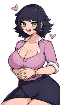 1girl black_hair black_skirt blunt_bangs breasts cleavage collarbone collared_shirt commentary commission cowboy_shot english_commentary fingernails green_eyes green_nails heart highres large_breasts looking_at_viewer miniskirt nail_polish oninuer open_mouth original own_hands_clasped own_hands_together pencil_skirt purple_shirt shirt short_hair simple_background skirt sleeves_rolled_up small_sweatdrop smile solo white_background