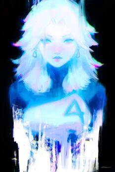 1girl alex_chow black_background blue_bodysuit blue_eyes bodysuit commentary earrings fantastic_four highres jewelry long_hair looking_at_viewer marvel marvel_rivals multicolored_bodysuit solo sue_storm superhero_costume two-tone_bodysuit upper_body white_bodysuit white_hair
