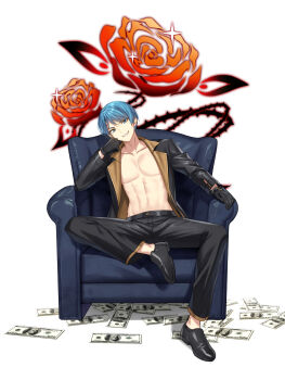 1boy abs black_gloves black_jacket black_pants black_shoes blue_eyes blue_hair chair closers gloves grin head_rest highres jacket long_sleeves looking_at_viewer male_focus money nata_(closers) official_art open_clothes open_jacket pants pectorals shoes short_hair simple_background sitting smile solo white_background