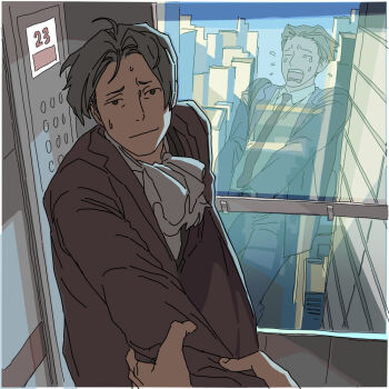 2boys :| ace_attorney ascot blue_jacket blue_pants border cityscape closed_mouth collared_shirt crying curtained_hair elevator flying_sweatdrops formal_clothes grey_eyes grey_hair hands_on_another&#039;s_arm jacket jibog1043588 lapels long_sleeves looking_at_viewer male_focus miles_edgeworth multiple_boys necktie open_clothes open_jacket pants phoenix_wright pov pulling pulling_arm red_suit reflection shirt small_sweatdrop suit suit_jacket sweat tears white_ascot white_border white_shirt window wing_collar