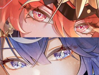 2girls augusta_(wuthering_waves) blue_eyes blue_hair chigusa7h chromatic_aberration close-up commentary eye_focus hair_between_eyes highres iuno_(wuthering_waves) looking_at_viewer multiple_girls orange_eyes orange_hair split_screen symbol-only_commentary twitter_username wuthering_waves