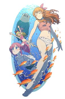 3girls :d aikatsu! aikatsu!_(series) amahane_madoka arms_up bare_legs bare_shoulders barefoot bikini blonde_hair blue_eyes bow braid bubble closed_eyes commentary_request floral_print full_body green_bikini hair_bow highres hoshimiya_ichigo light_blush light_smile long_hair looking_ahead multiple_girls navel ogi_non oozorakko_(aikatsu!) open_mouth orange_hair ozora_akari pink_bikini pink_bow pink_hair puffy_cheeks red_bow red_eyes school_of_fish smile straight_hair submerged swimming swimsuit twintails underwater white_background white_bikini