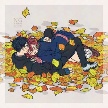1boy 1girl arm_around_back autumn_leaves ayase_momo black_hair black_jacket black_pants blue_jacket blue_skirt blush brown_hair brown_shoes closed_eyes commentary_request couple dandadan earrings falling_leaves from_side full_body gakuran girl_on_top glasses jacket jewelry k_ysd001 kami_high_school_uniform leaf loafers long_sleeves looking_at_another loose_socks lying lying_on_person on_back on_stomach open_mouth pants parted_lips pink_sweater pleated_skirt reclining round_eyewear school_uniform shoes short_hair skirt sleeves_past_wrists sneakers socks sweat sweater takakura_ken_(dandadan) white_socks