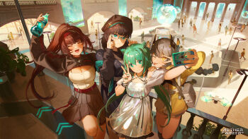 4girls adjusting_eyewear aether_gazer ahoge arm_up bag balcony beret black_hair blush bottle braid breasts brown_hair cleavage closed_eyes commentary copyright_name dress fringe_trim glasses green_eyes green_hair grey_hair group_picture hairband hat high_ponytail highres holding holding_bottle long_hair looking_at_phone low_twintails medium_breasts multiple_girls nail_polish official_art one_eye_closed open_mouth osiris_(aether_gazer) phone pixiescout pleated_skirt ponytail short_hair shoulder_bag shu_(aether_gazer) skirt small_breasts smile standing tongue tongue_out twintails verthandi_(aether_gazer) very_long_hair white_dress yellow_eyes yostar zenkibo_(aether_gazer)