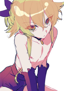 1boy absurdres arms_between_legs bare_shoulders black_bow black_choker black_gloves black_shorts blonde_hair bow choker coin_(ornament) elbow_gloves envy_elika_(koyashaka) gloves hair_bow highres koyashaka long_eyelashes male_chest nipples original short_hair_with_long_locks short_shorts shorts topless_male trap yellow_eyes