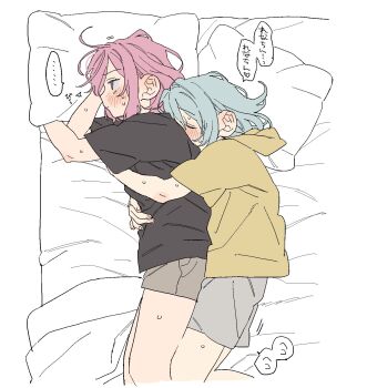 ... 2girls amaori_renako black_shirt blue_hair blush closed_mouth cuddling dayama grey_shorts highres hood hoodie hug hug_from_behind koyanagi_kaho medium_hair multiple_girls on_bed pillow pink_hair purple_eyes shirt shorts speech_bubble spoken_ellipsis sweat translation_request watashi_ga_koibito_ni_nareru_wake_naijan_murimuri! yellow_hoodie yuri
