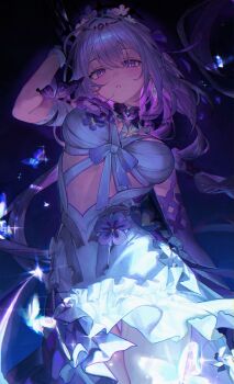 1girl animal_print black_tiara breasts bug butterfly butterfly_print castorice_(honkai:_star_rail) commentary cowboy_shot dress earrings elbow_gloves flower frills gloves hair_between_eyes hair_flower hair_ornament highres honkai:_star_rail honkai_(series) insect jewelry large_breasts long_hair looking_at_viewer midriff pkokonatu purple_eyes purple_hair ribbon sparkle thighs tiara very_long_hair white_dress