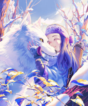 1girl 2632f ainu ainu_clothes animal asirpa branch closed_eyes closed_mouth commentary_request day earrings fangs fur_trim golden_kamuy headband highres holding holding_animal hoop_earrings jewelry leaf long_hair outdoors purple_hair purple_headband sky snow tree wolf yellow_eyes
