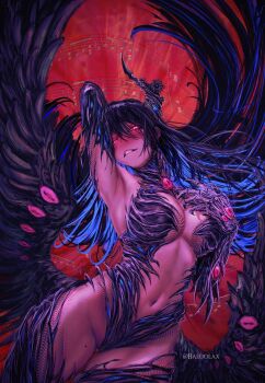 1girl absurdres asymmetrical_horns baloolax black_hair black_wings blue_hair breasts colored_inner_hair commentary demon_horns english_commentary highres hololive hololive_english horns large_breasts long_hair looking_at_viewer mole mole_on_thigh mole_under_eye multicolored_hair navel nerissa_ravencroft red_eyes solo two-tone_hair uneven_horns very_long_hair virtual_youtuber wings