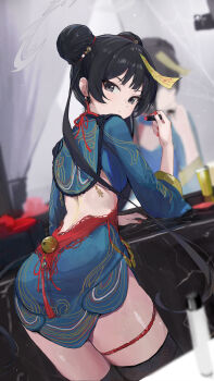 1girl absurdres applying_makeup applying_own_makeup black_eyes black_hair black_thighhighs blue_archive blue_dress blush china_dress chinese_clothes cosmetics double_bun dress earrings hair_bun highres holding holding_lipstick_tube jewelry jianjia kisaki_(blue_archive) lipstick_tube long_sleeves looking_at_viewer looking_back mirror ofuda ofuda_on_head print_dress red_nails reflection solo tassel tassel_earrings thigh_strap thighhighs
