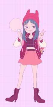 1girl aqua_hair bag_charm blue_eyes blush_stickers boots charm_(object) commentary cotton_candy english_commentary eyelashes food full_body hat highres holding holding_food jacket long_hair looking_to_the_side one_piece peachypunchy pink_skirt porche_(one_piece) skirt smile tony_tony_chopper